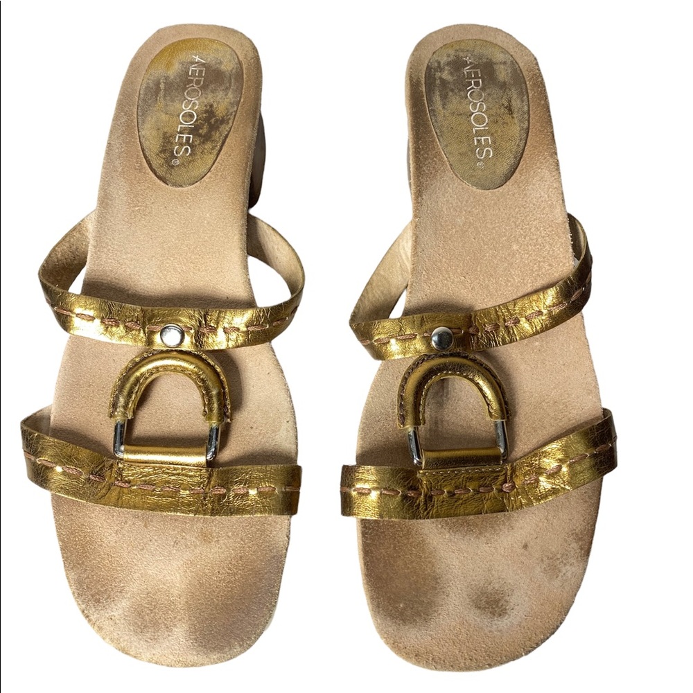 Aerosoles Metallic Gold Block Heel Suede Sandals Size 8